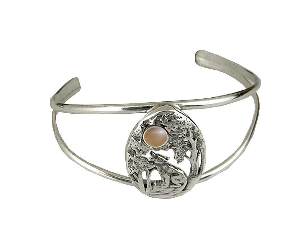 Sterling Silver Howling Wolf Cuff Bracelet With Peach Moonstone